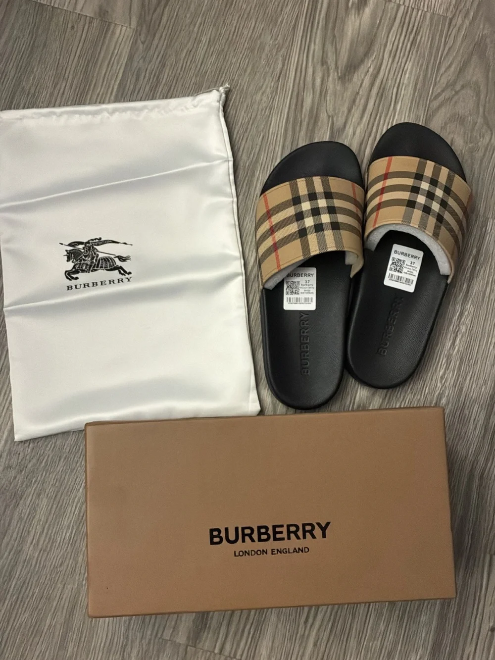 Burberry Tan Vintage Check Slide Sandals with Black Footbed